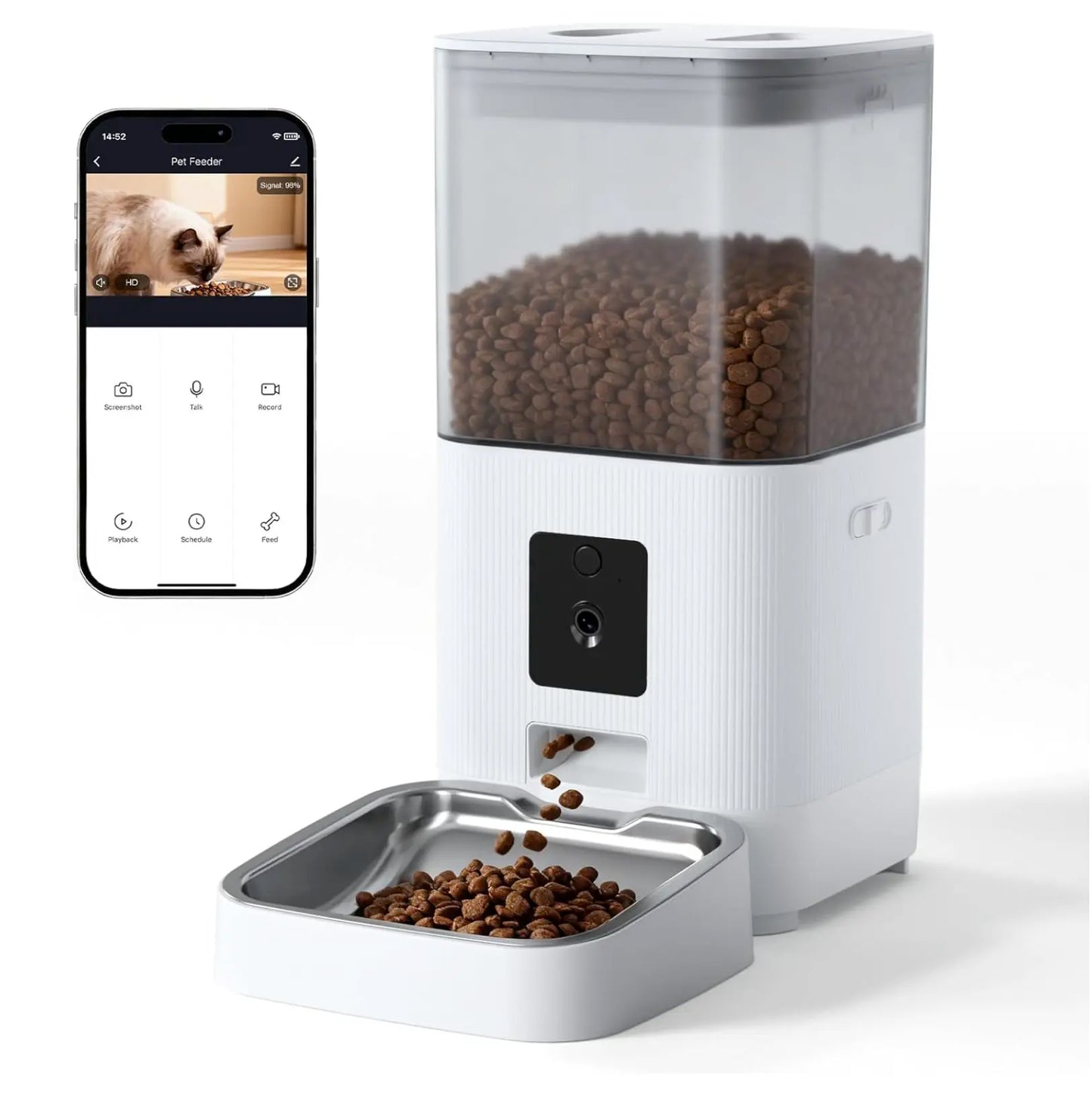 Advanced Automatic Pet Feeder with HD Camera, 5G Wi-Fi App Control, Two-Way Audio, Night Vision, and Portion Scheduling for Cats and Dogs, Featuring Stainless Steel Bowl
