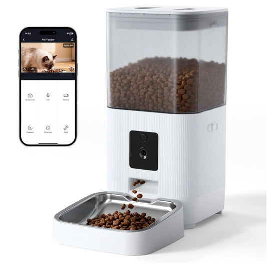 Advanced Automatic Pet Feeder with HD Camera, 5G Wi-Fi App Control, Two-Way Audio, Night Vision, and Portion Scheduling for Cats and Dogs, Featuring Stainless Steel Bowl