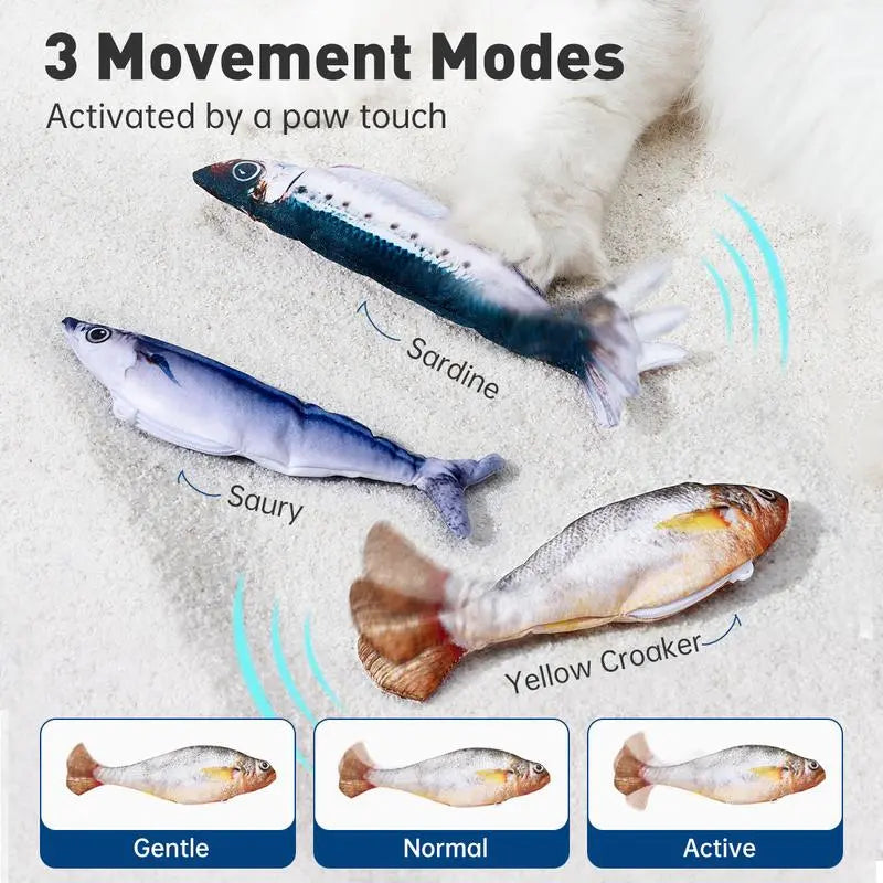 Ultra-Realistic Interactive Cat Toy Set - 3 Pack of Flopping Fish with Rechargeable Tap-Activated Flapping Modes, Featuring Sardine, Saury, and Yellow Croaker, 7.1 Inches, Includes Catnip - Ideal for All Cat Breeds
